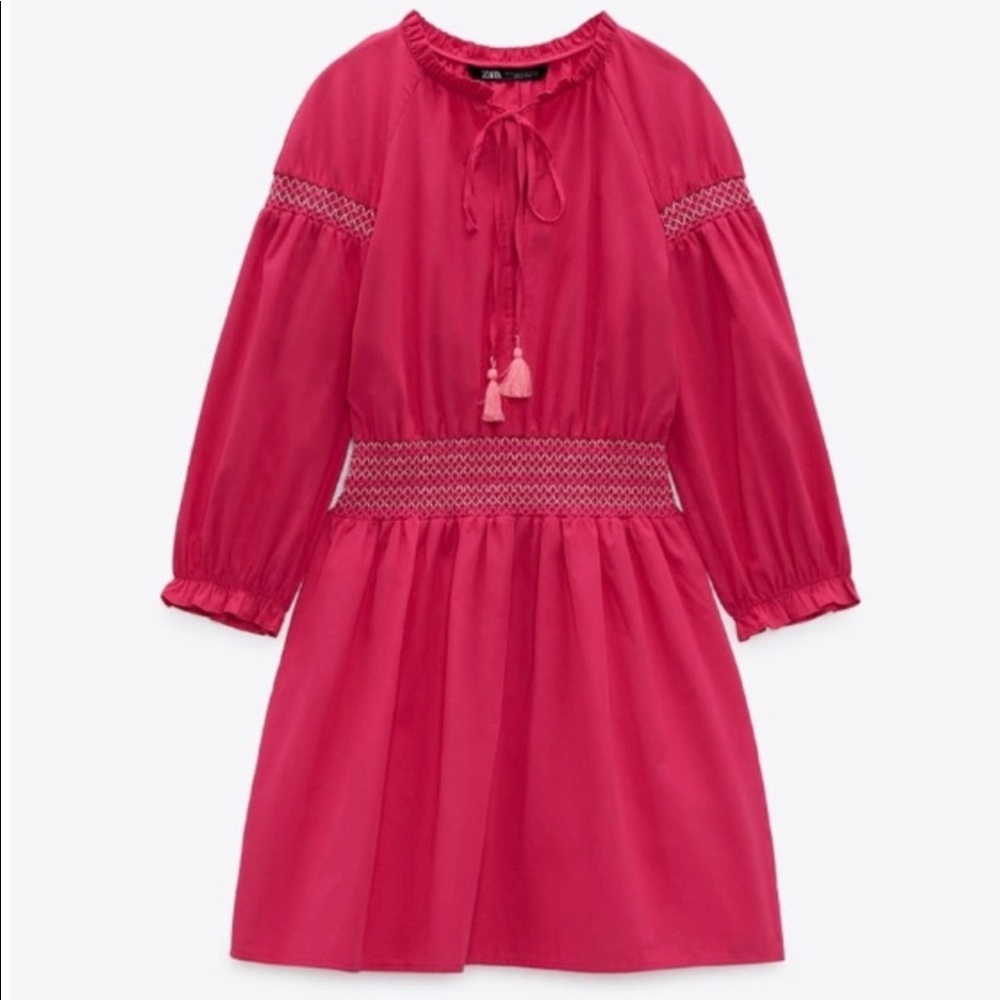 Zara Fuisha Smocked Embroidered Poplin Dress